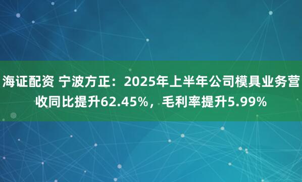 海证配资 宁波方正：2025年上半年公司模具业务营收同比提升62.45%，毛利率提升5.99%